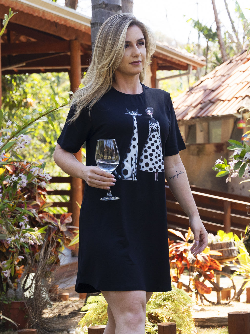 Camisola de Manga Curta Dama & Gato Poá