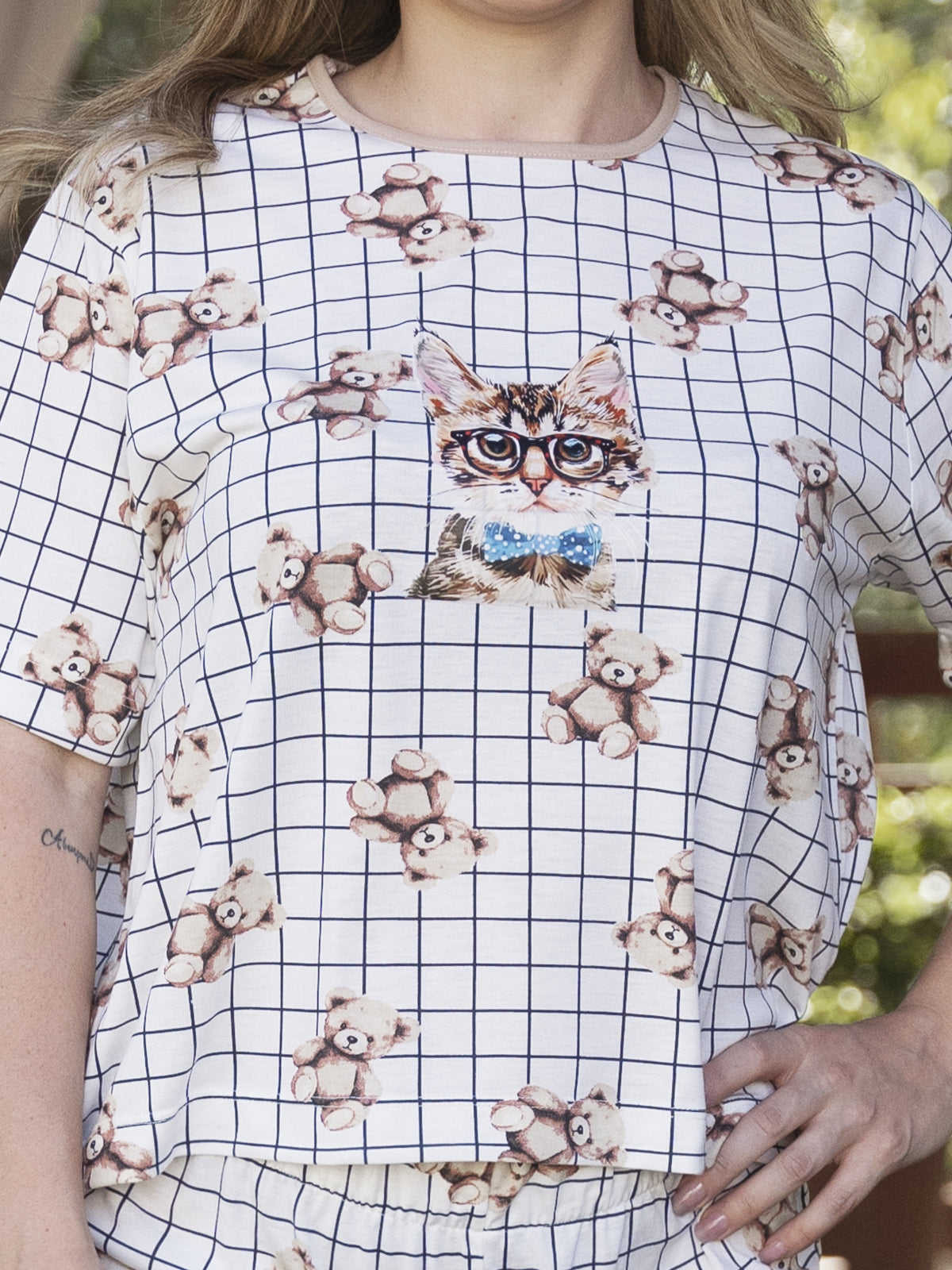 Conjunto Shorts Gato & Ursinhos Quadriculado