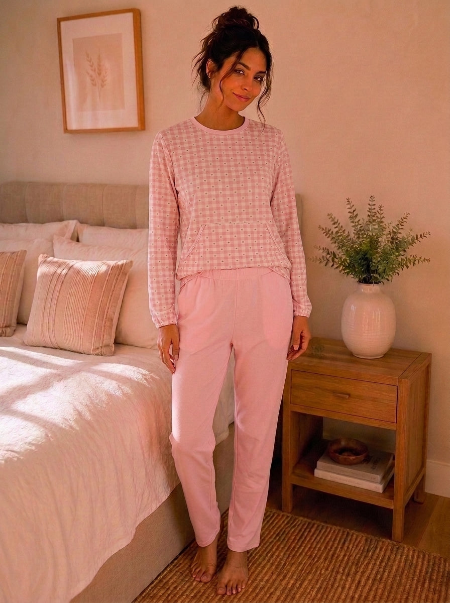 Pijama Feminino Flanelado Manga Longa c/ Calça Pluminha - Rosa Corações