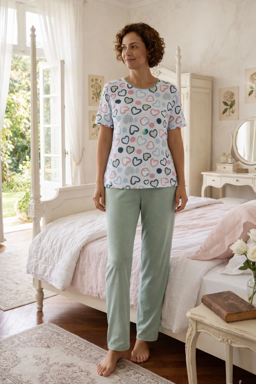 Pijama Longo Feminino com Blusa Manga Curta - Coração