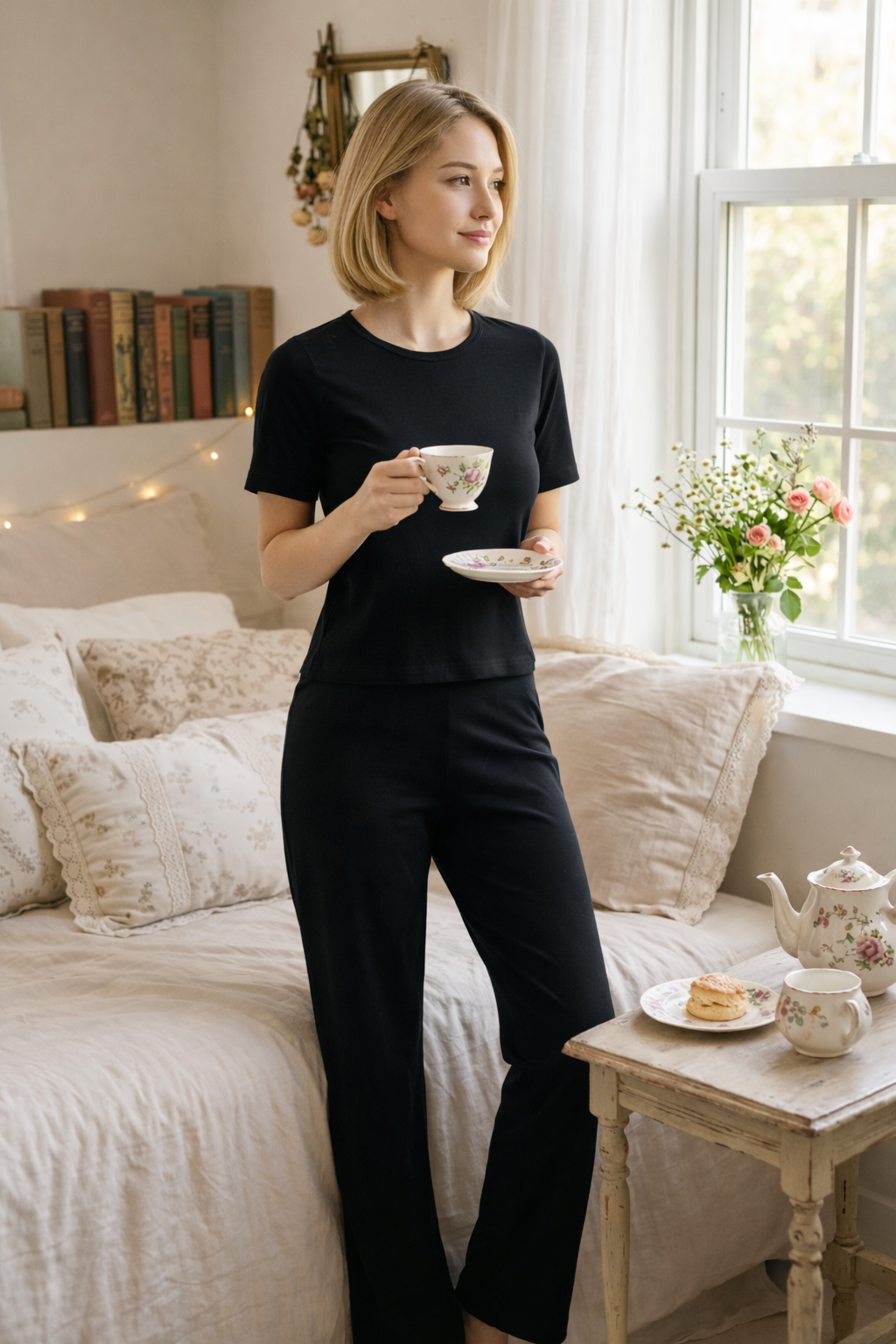 Pijama Longo Feminino com Blusa Manga Curta - Essencial