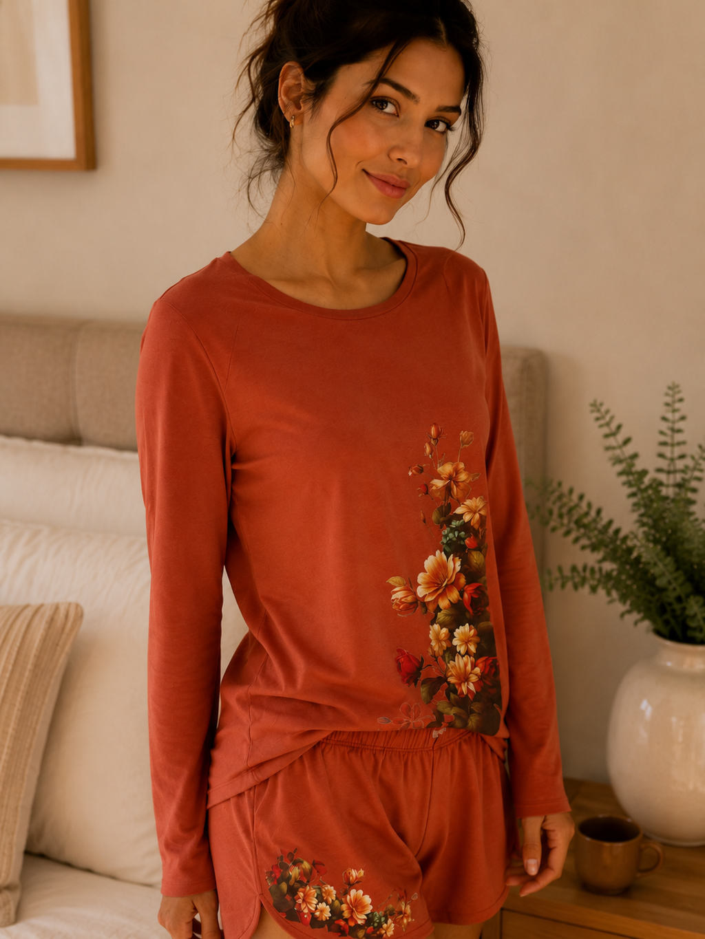 Pijama Curto Feminino com Blusa Manga Longa - Flores