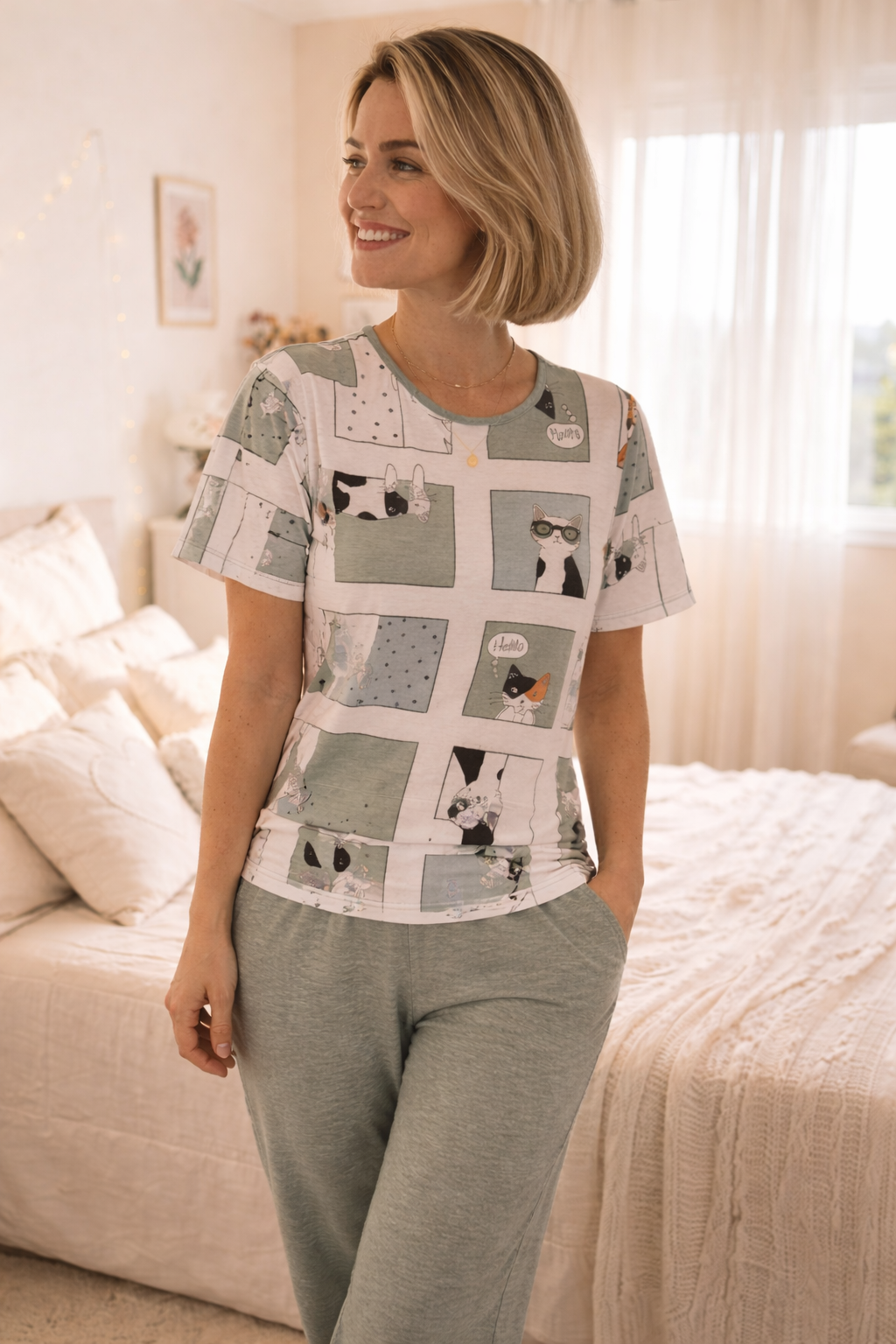 Pijama Longo Feminino com Blusa Manga Curta - Malha Fria