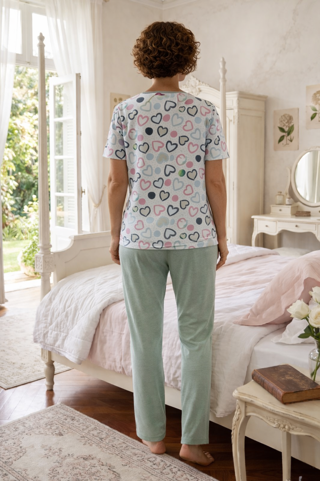 Pijama Longo Feminino com Blusa Manga Curta - Coração