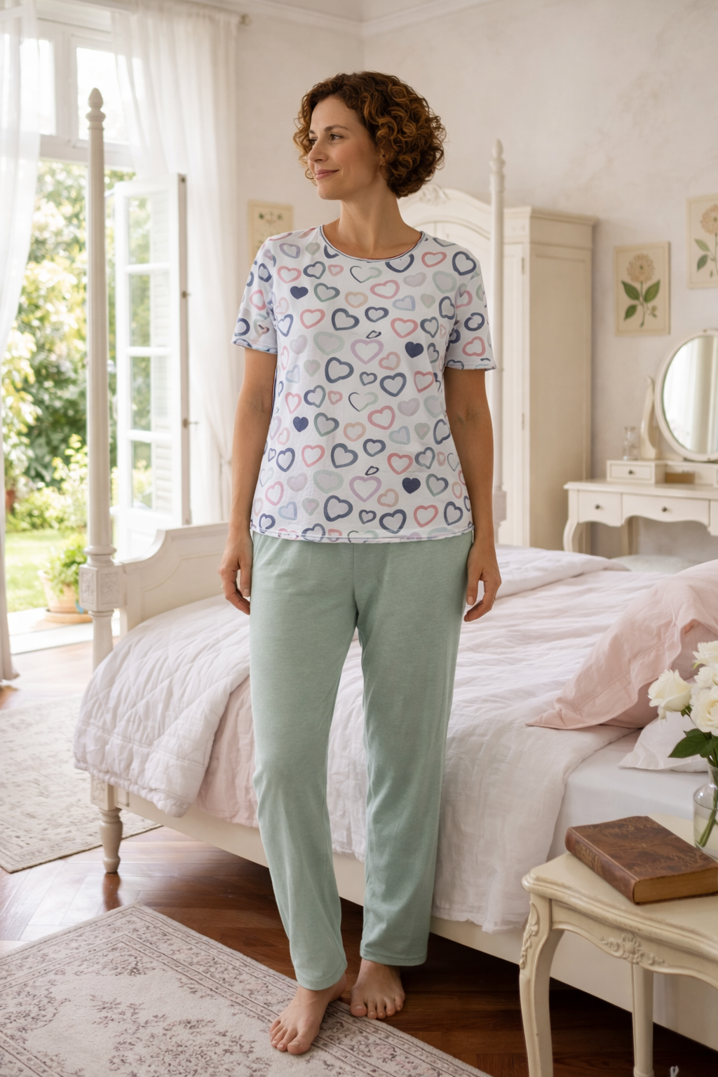 Pijama Longo Feminino com Blusa Manga Curta - Coração