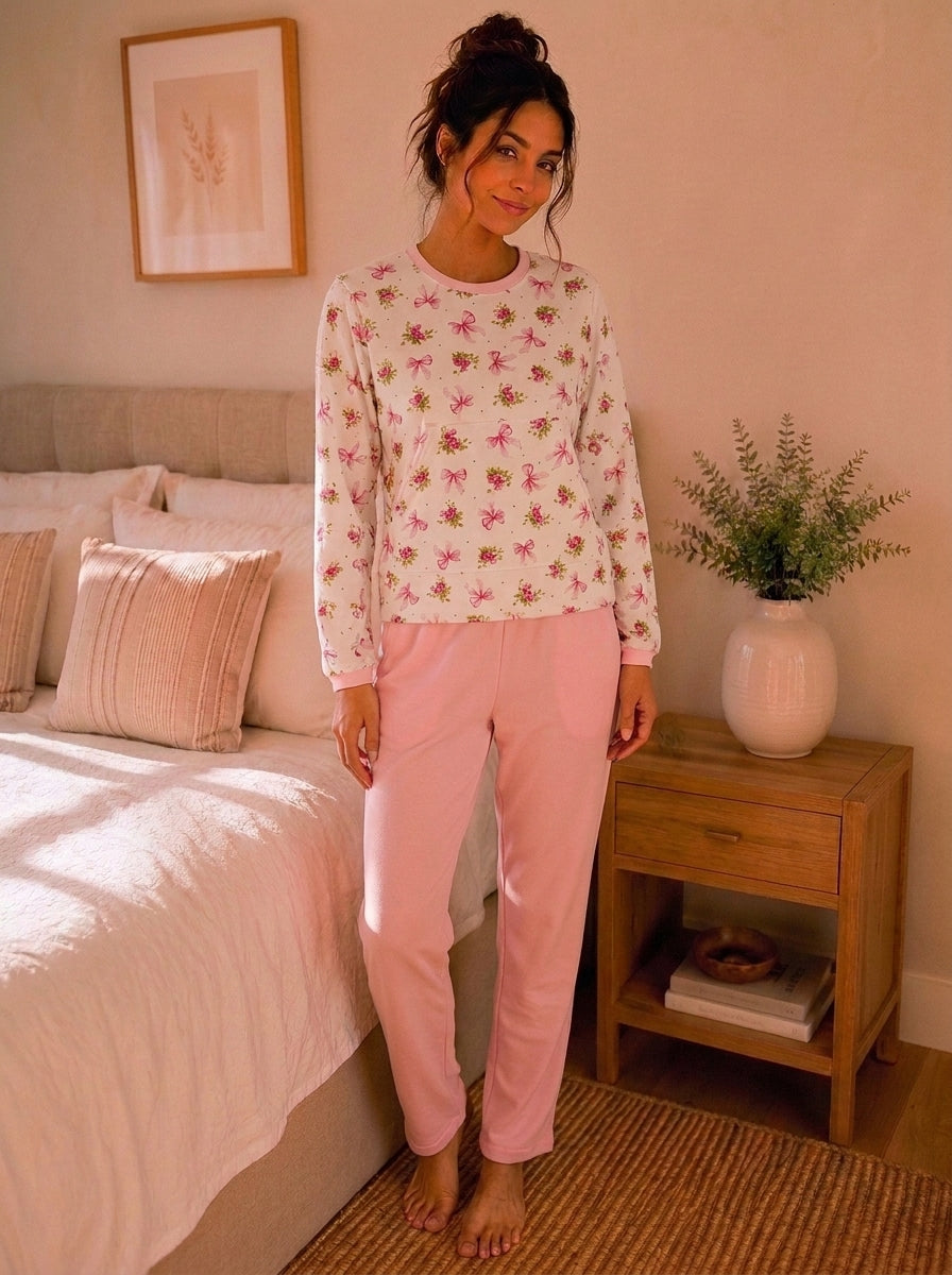 Pijama Feminino Flanelado Manga Longa c/ Calça Pluminha - Off White Rosa
