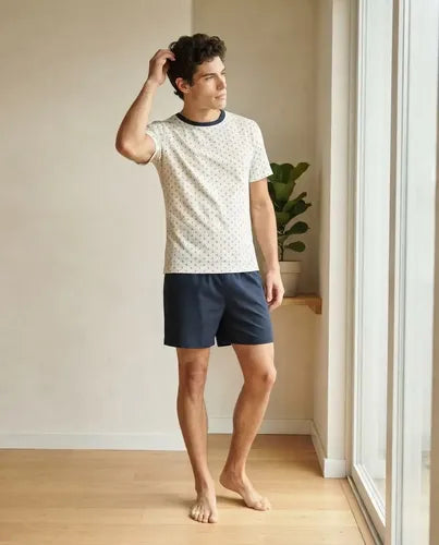 Pijama Masculino Curto - Malha Fina Camiseta Off White Ancor