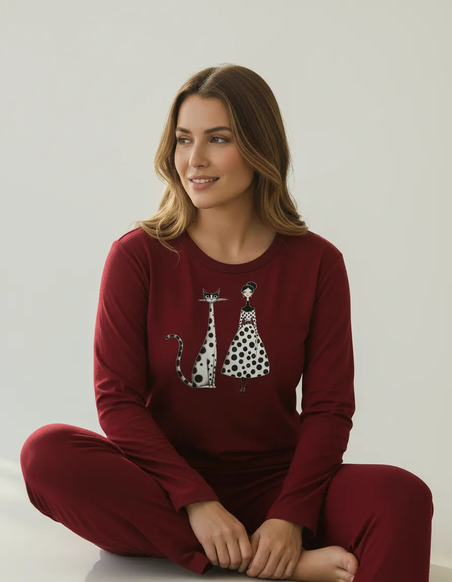Pijama Longo Feminino com Blusa Manga Longa - Dama & Gato Poá