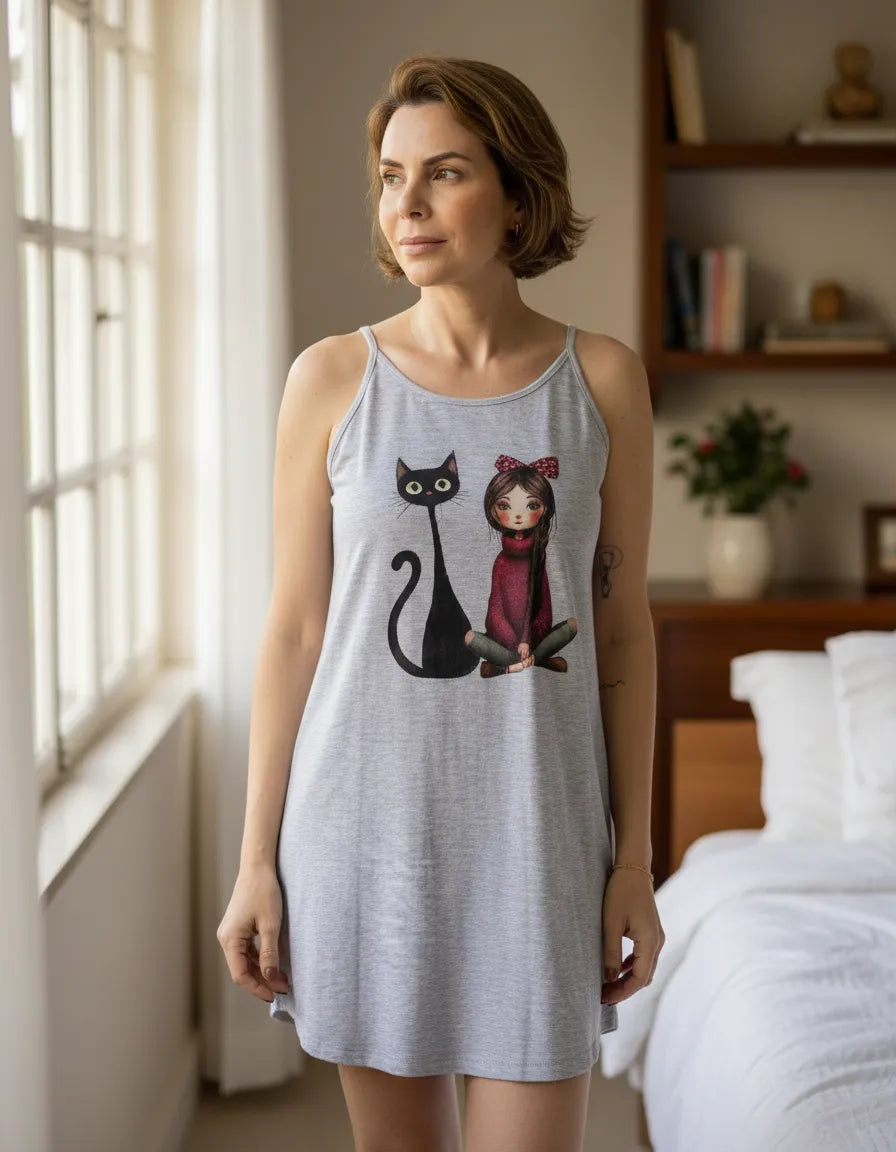 Camisola Feminina de Alças - Menina & Gato