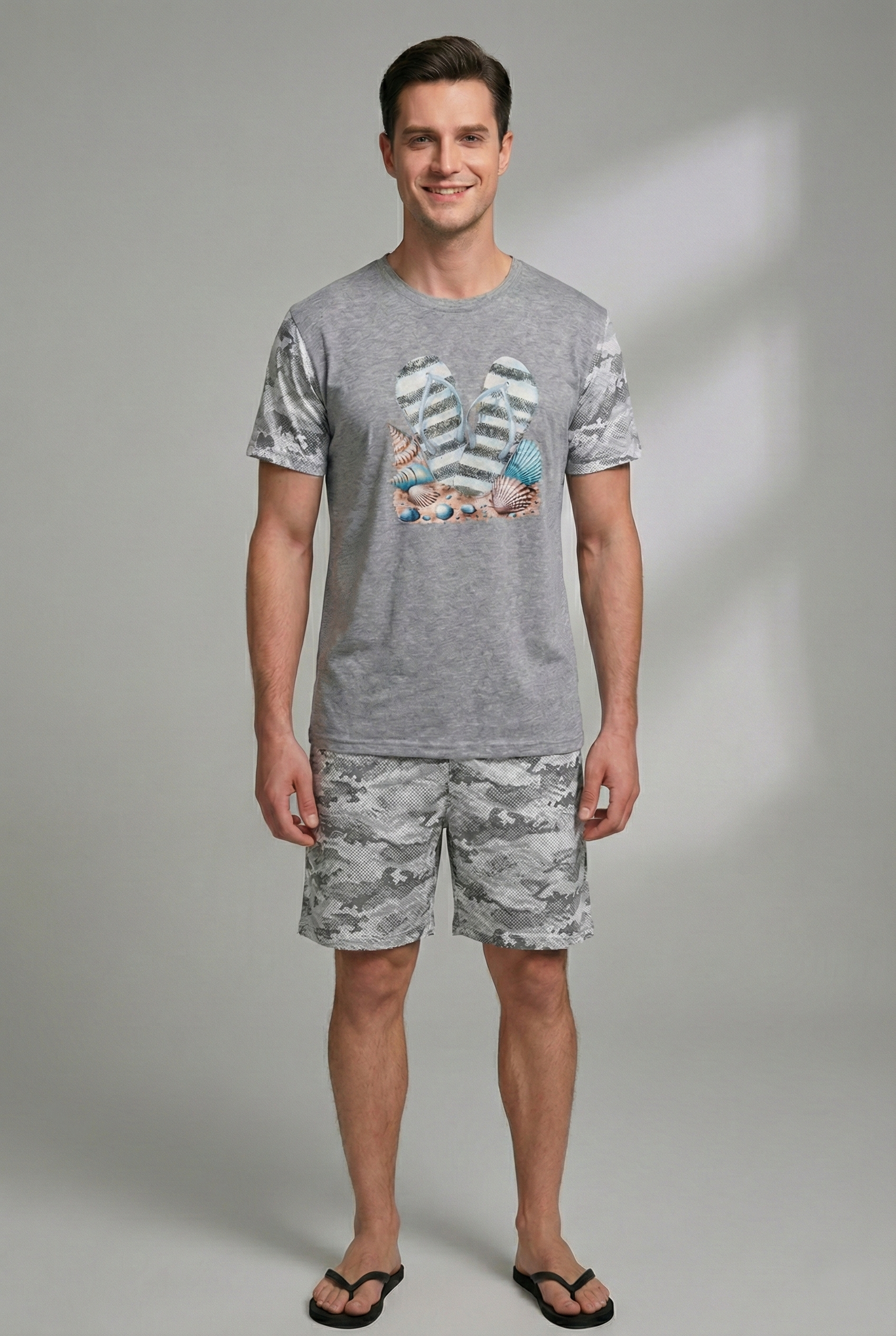 Pijama Curto Masculino - Chinelo Camuflado Cinza