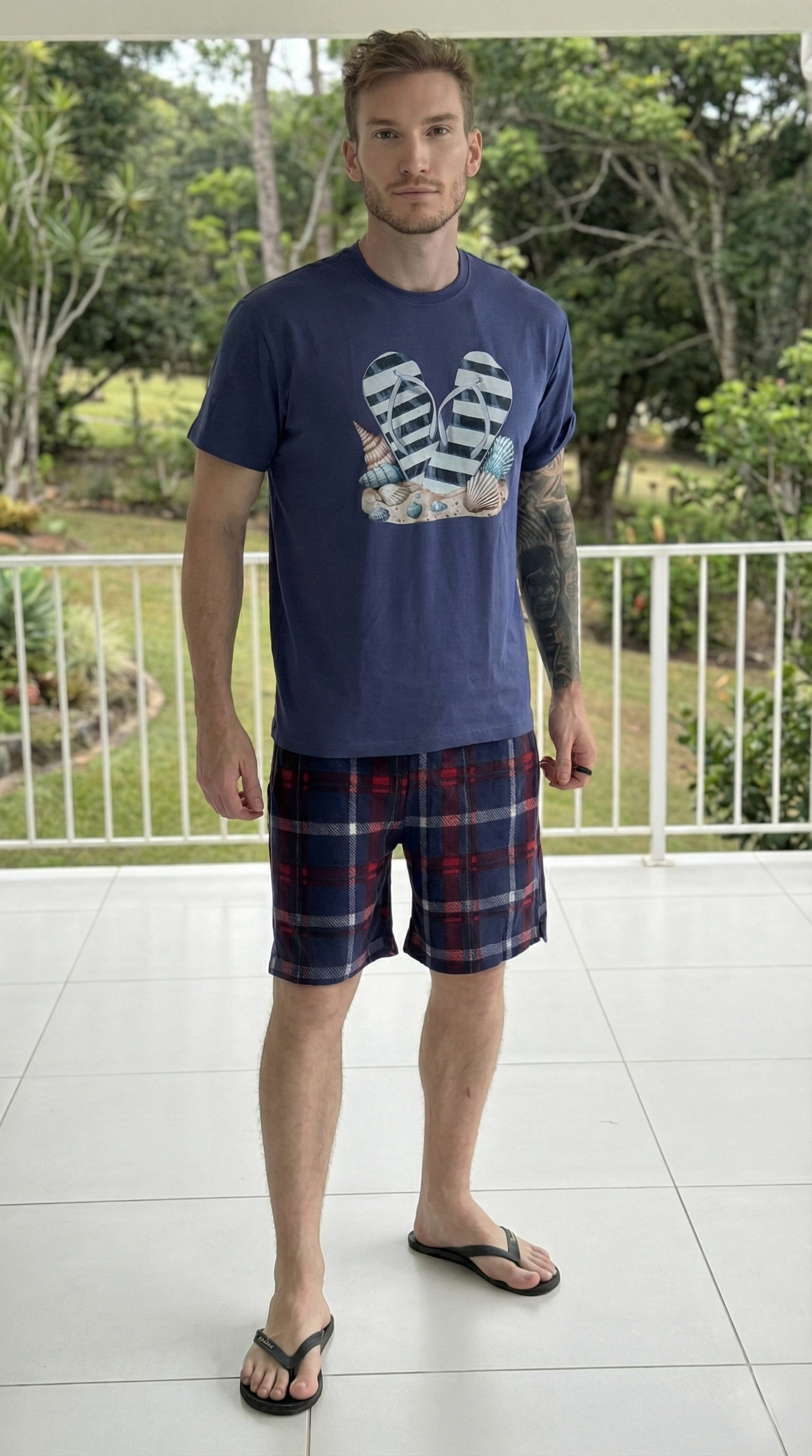 Conjunto Masculino Shorts & Camiseta Chinelo Azul Xadrez