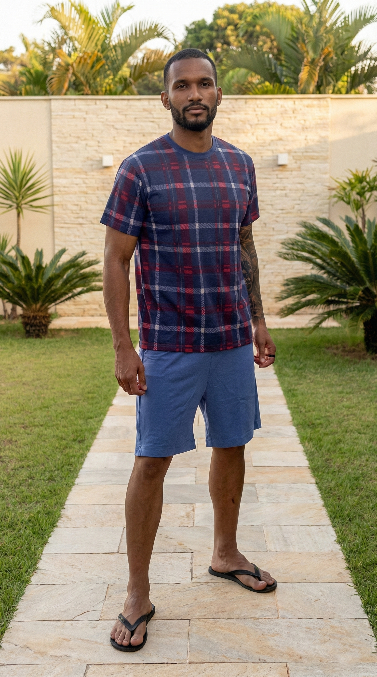 Conjunto Masculino Shorts Camiseta Xadrez Azul Marinho