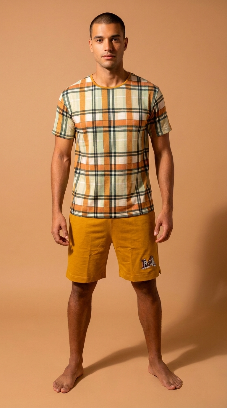 Pijama Curto Masculino - Xadrez Mostarda