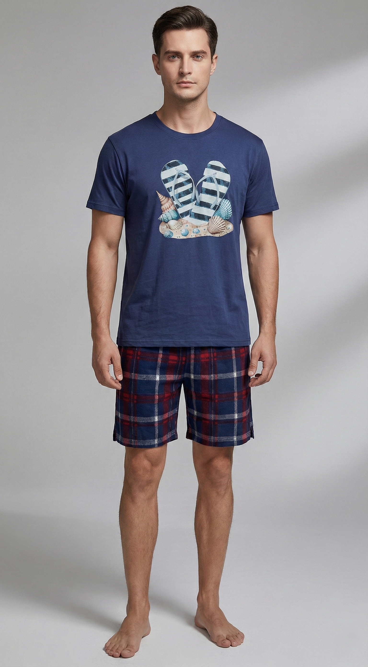 Pijama Curto Masculino - Chinelo Azul Xadrez
