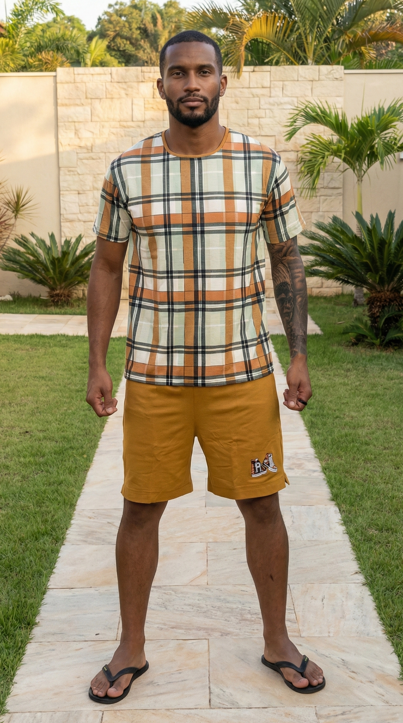 Conjunto Masculino Shorts & Camiseta Xadrez Mostarda