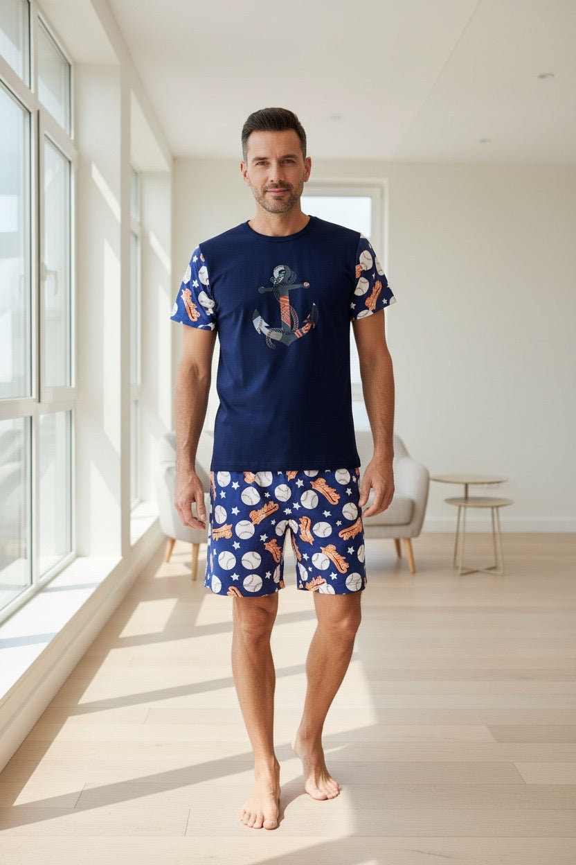 Pijama Masculino Curto Balão Azul em Malha Fria