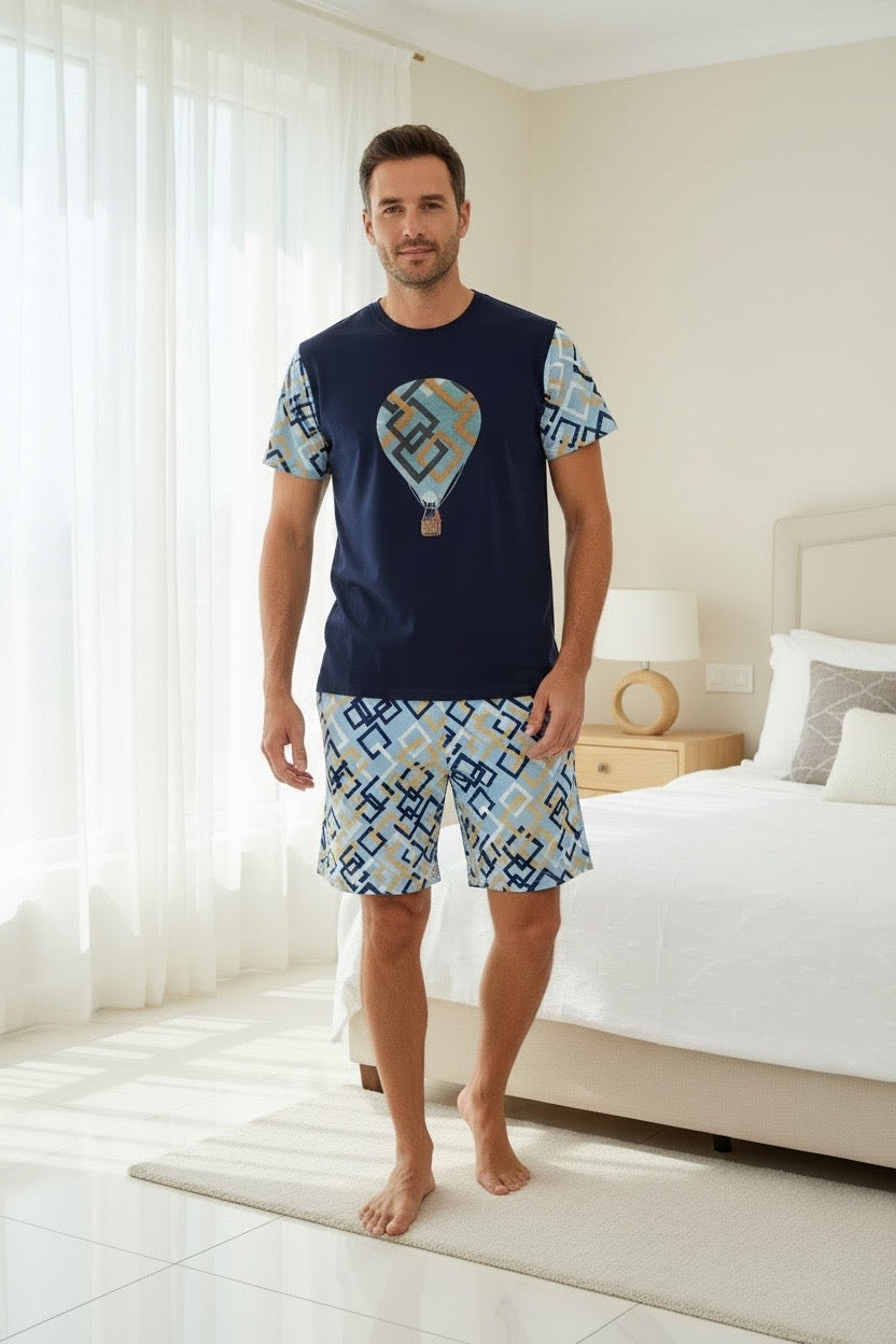 Pijama Masculino Curto Balão Azul em Malha Fria