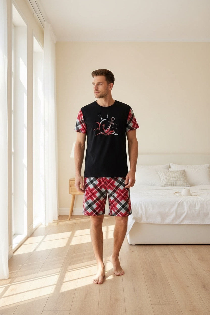 Pijama Masculino Curto Vermelho em Malha Fria