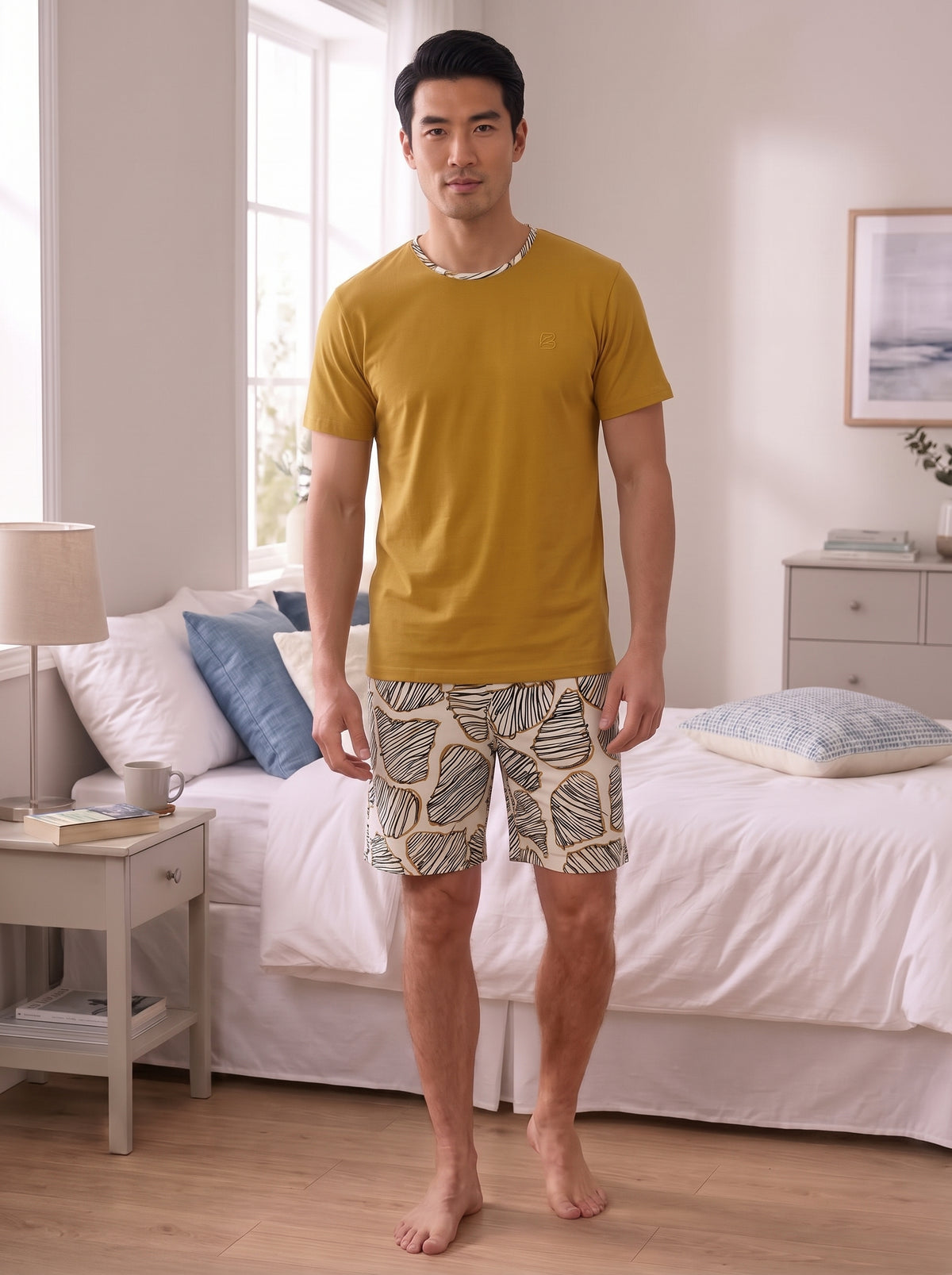 Pijama Masculino Curto Mostarda Folhas - Viscolycra