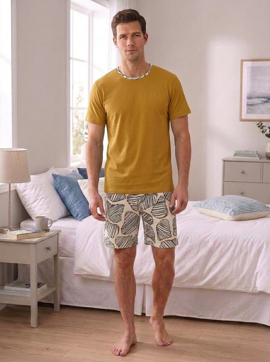 Pijama Masculino Curto Mostarda Folhas - Viscolycra