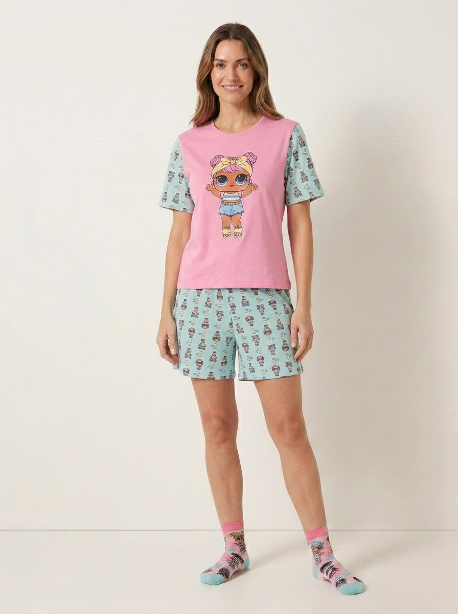 Pijama Feminino Cropped Shorts Malha Fria - Rosa Menina Patins