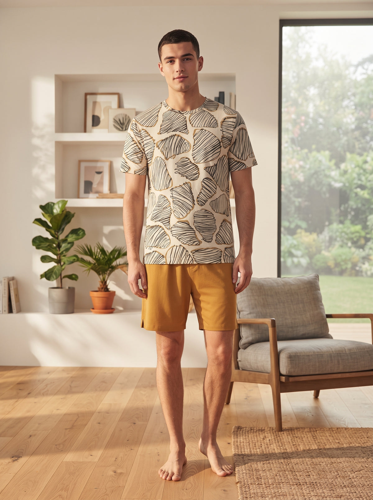 Pijama Masculino Curto Mostarda Folhas - Viscolycra