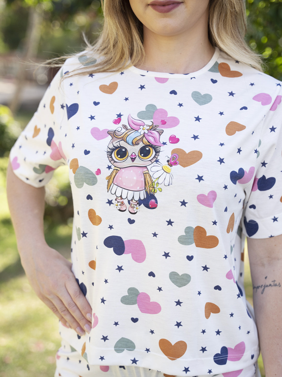 Pijama Feminino Shorts e Blusa Manga Curta - Malha Fria