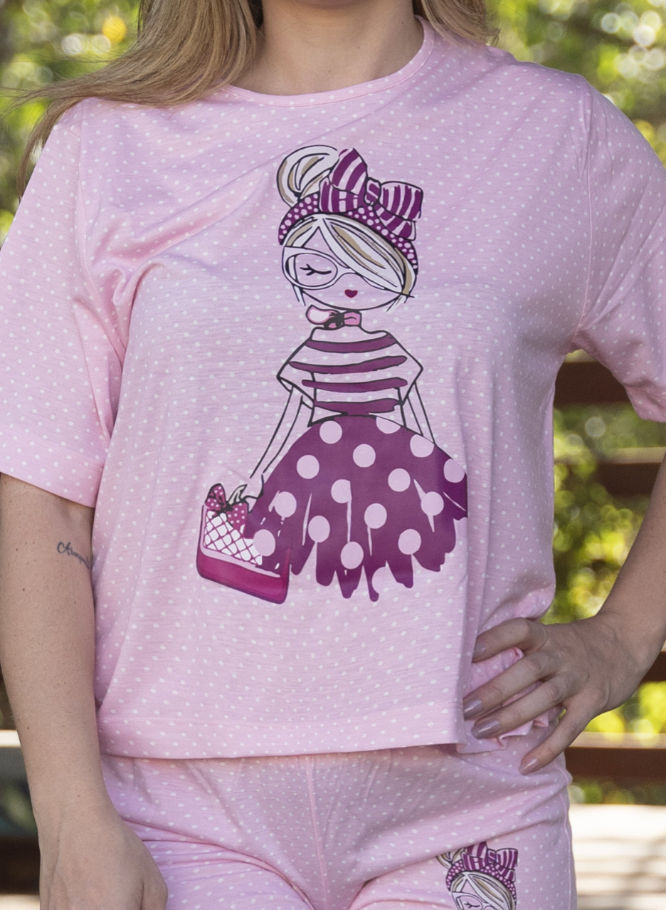 Pijama Curto Feminino com Blusa Manga Curta em Malha Fria - Boneca