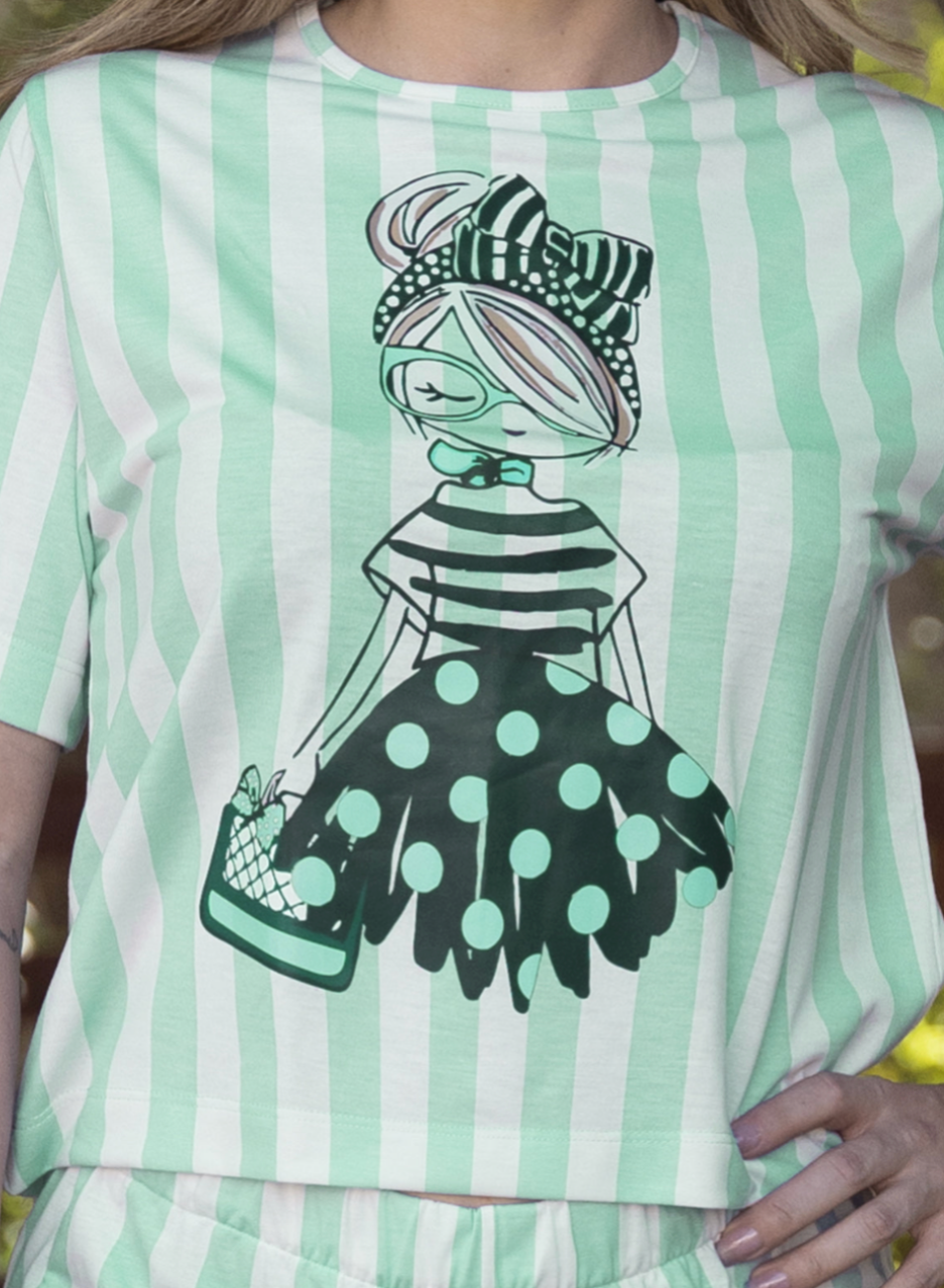 Pijama Curto Feminino com Blusa Manga Curta em Malha Fria - Boneca