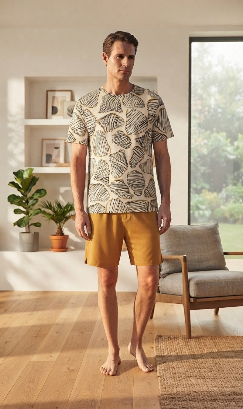 Pijama Masculino Curto Mostarda Folhas - Viscolycra