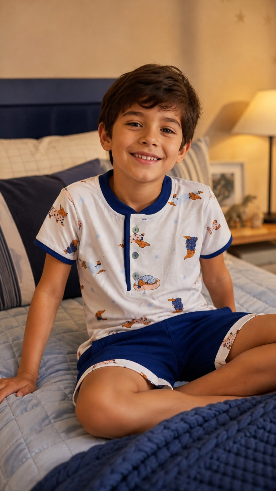 Pijama Infantil Menino Conjunto Polo com 3 botões em Malha Fria e shorts