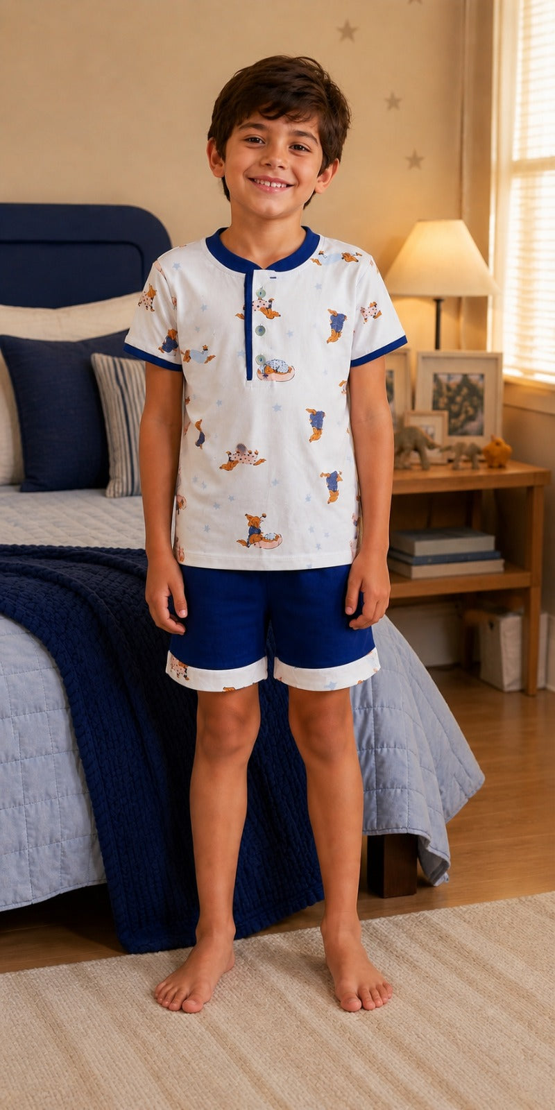 Pijama Infantil Menino Conjunto Polo com 3 botões em Malha Fria e shorts