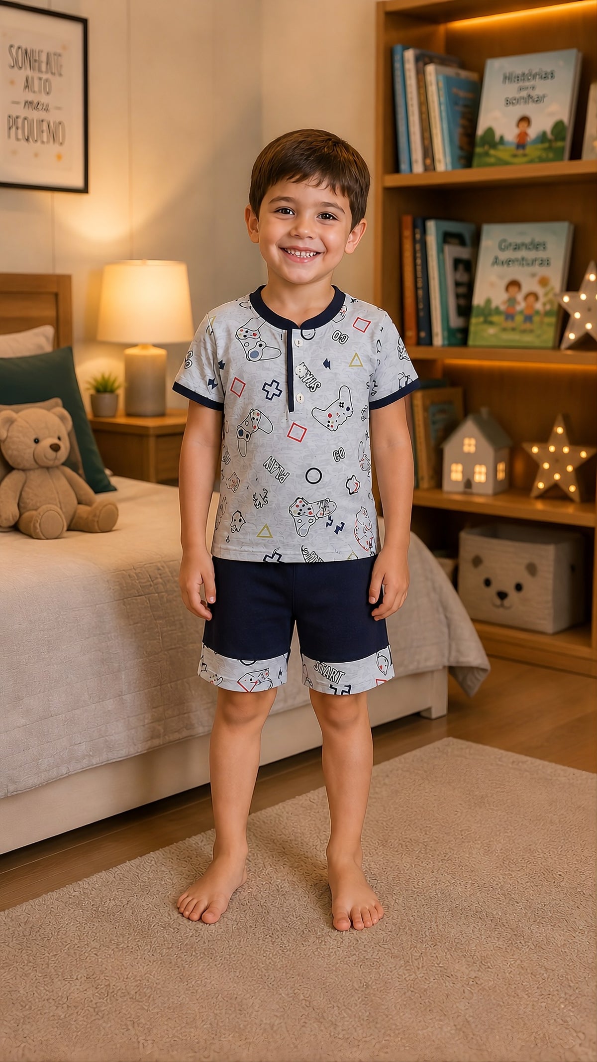 Pijama Infantil Menino Conjunto Polo com 3 botões em Malha Fria Gamer