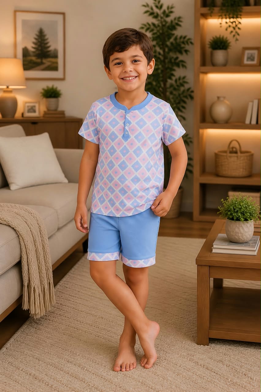 Pijama Infantil Menino Conjunto Polo com 3 botões em Malha Fria Xadrez