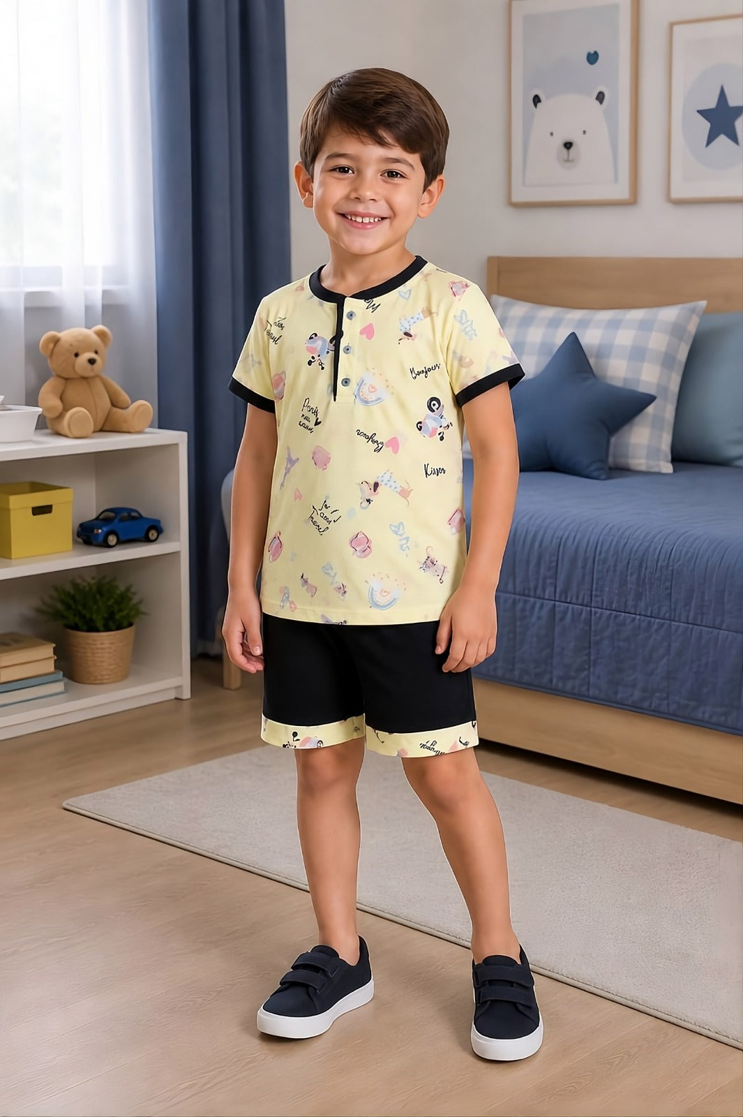 Pijama Infantil Menino Conjunto Polo com 3 botões em Malha Fria Amarelo
