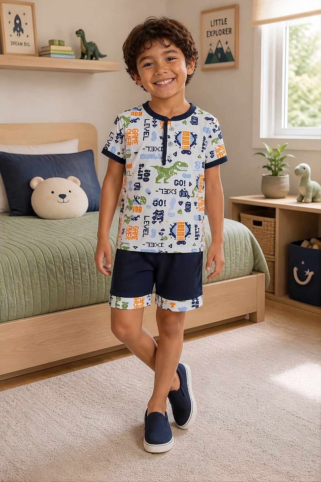 Pijama Infantil Menino Conjunto Polo com 3 botões em Malha Fria Dinossauro