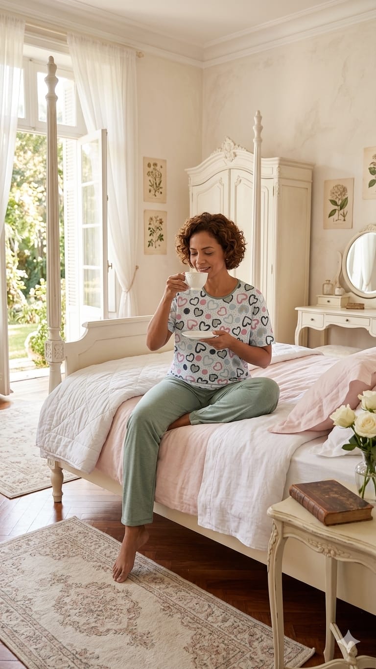 Pijama Longo Feminino com Blusa Manga Curta - Coração