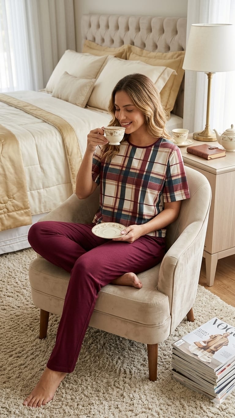 Pijama Longo Feminino com Blusa Manga Curta - Malha Fria