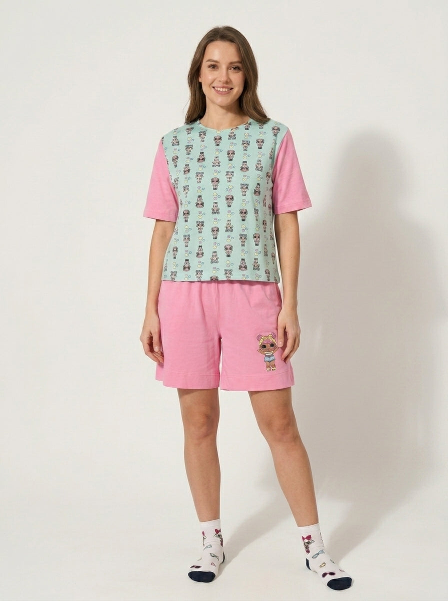 Pijama Feminino Cropped Shorts Malha Fria - Rosa Menina Patins