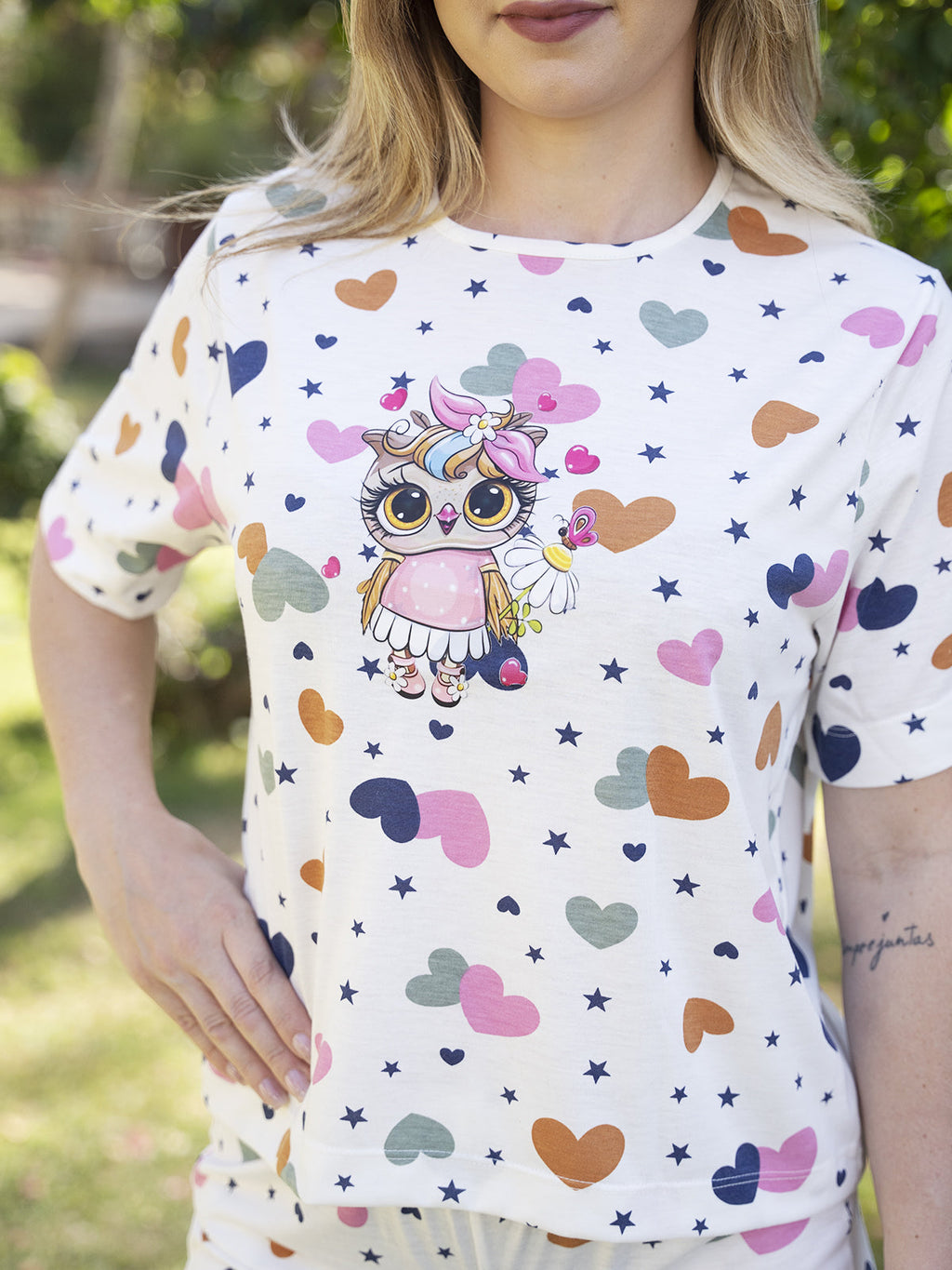 Pijama Conjunto com Shorts Coruja & Céu de Corações
