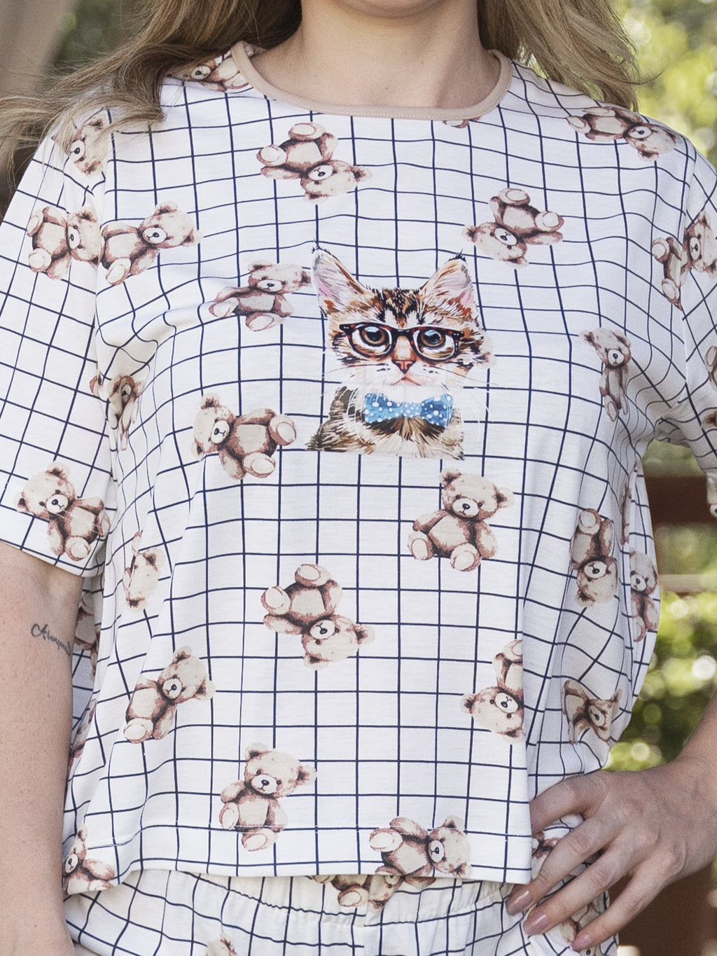 Pijama Shorts Gato & Ursinhos Quadriculado