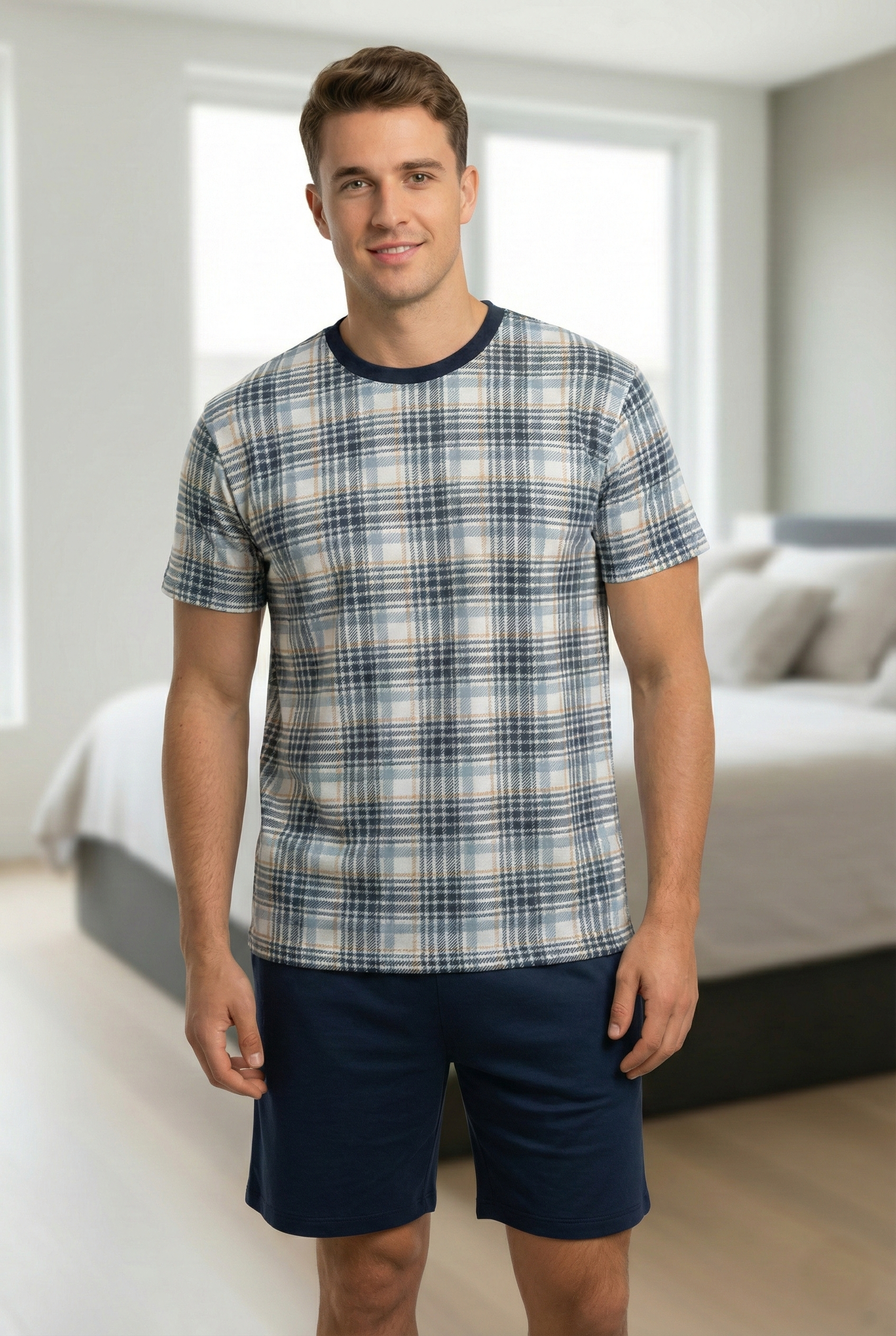 Pijama Curto Masculino - Xadrez Azul Marinho